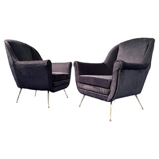Set of Mid-Century Italian Midnight Blue Velvet Lounge Chairs in the Style of Gio Ponti, 1950s For Sale