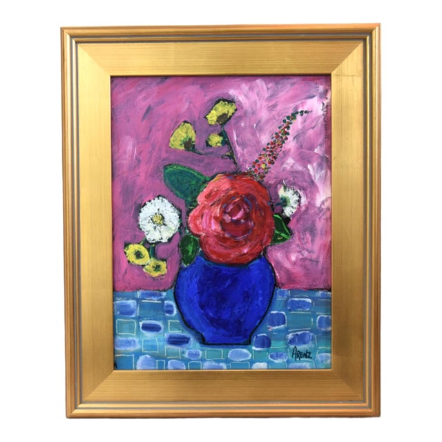Vase of Flowers Oil Painting, by Ruth Arenz Including the Antiqued Gold Wood Frame For Sale