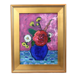 Vase of Flowers Oil Painting, by Ruth Arenz Including the Antiqued Gold Wood Frame