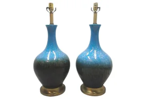 Mid-Century Modern Lamps Blue Ceramic Table Lamps-A Pair