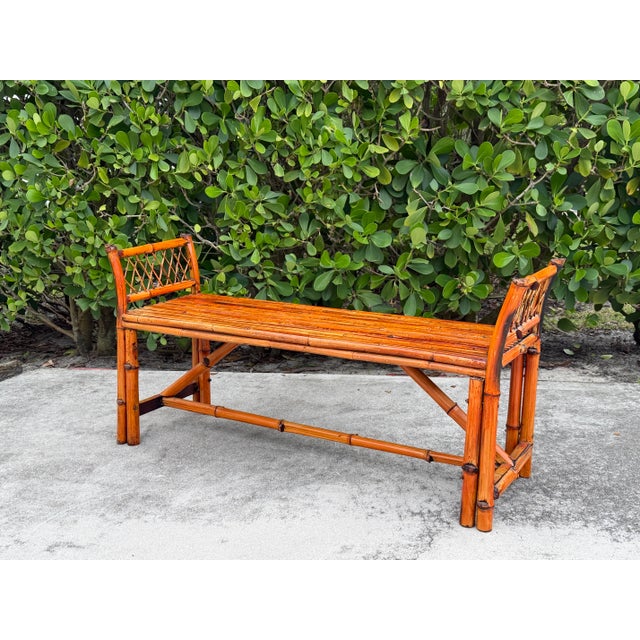 Vintage 54” Split Bamboo Hall Bench With Woven Cane Ends For Sale - Image 9 of 12