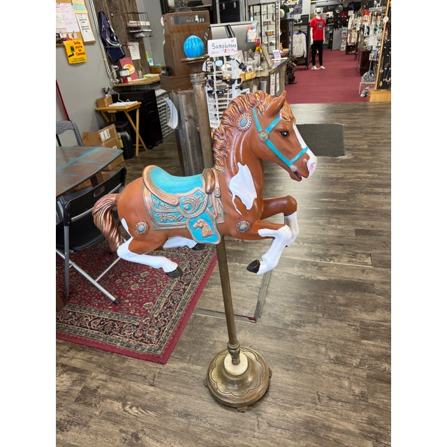 Hand Painted Antique Carousel Horse With Brass Torchiere Stand For Sale - Image 16 of 16
