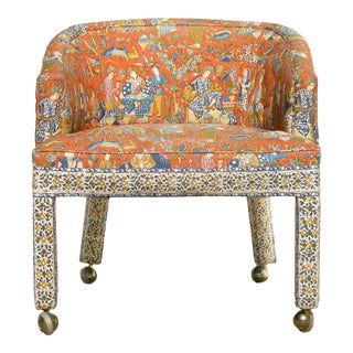 1970s Boho Chic Barrel Back Chair W/ Quilted Designer Fabric For Sale