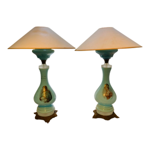 Antique French Napoleon III Pair of Blue Opaline Glass Portrait Table Lamps With Enamel Portraits of Napoleon & Josephine
