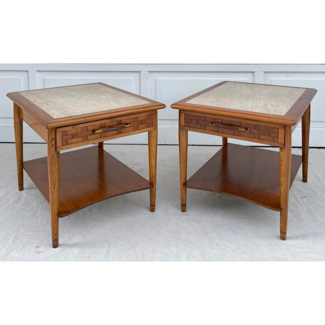 Pair of Lane Perception Weave Design and Travertine Side Table Nightstands For Sale - Image 13 of 13
