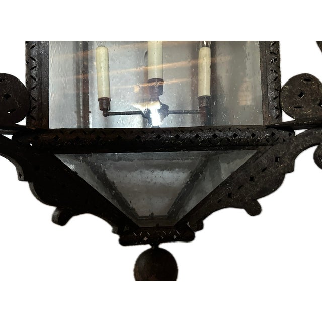 Black Antique Gothic Medieval Spanish Revival Pierced Metal Electric Lantern For Sale - Image 8 of 9