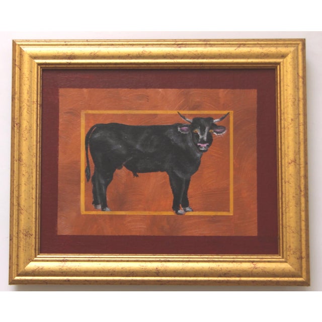 Black bull cow steer, on a sienna background with a burgundy border. Minimalism, Folk Art, English Traditional Americana....