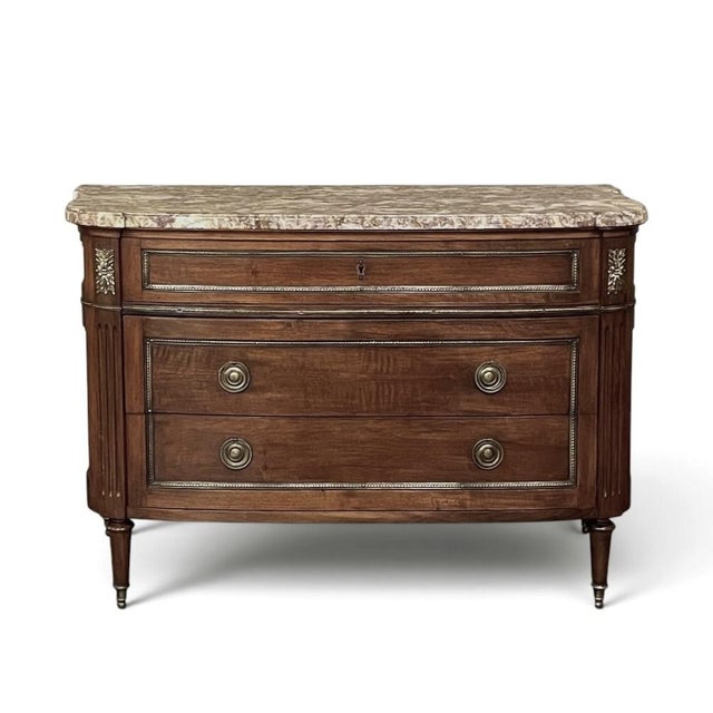 Antique French Louis XVI Neoclassical Marble Top Walnut Commode For Sale - Image 4 of 16
