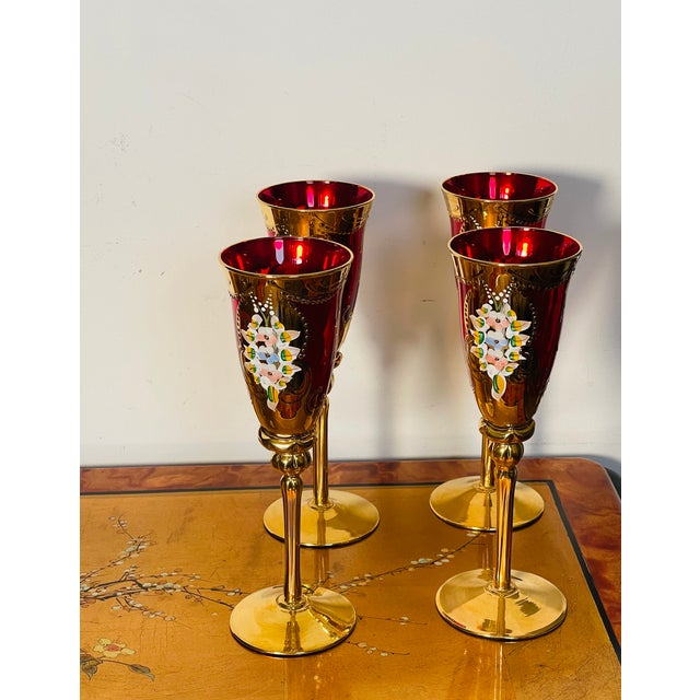Set of 4 Italian Vietri Regalia flute glasses with gold , enamel and ruby glass.