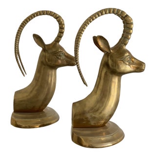 1970s Hollywood Regency Brass Ibex Bookends - a Pair For Sale