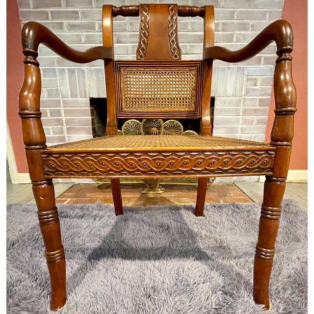 English Vintage Regency Style Carved Mahogany Armchair With Mint Condition Cane For Sale - Image 3 of 18