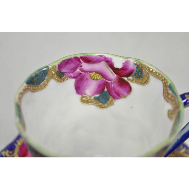 Early 20th Century Antique Victorian Teacup & Saucer Cobalt Blue & Roses W/ Draped Gold Trim For Sale - Image 5 of 16