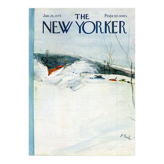 1974 Vintage New Yorker Cover, January 28, Perry Barlow Cover Illustration, Winter Sports, Skiing For Sale