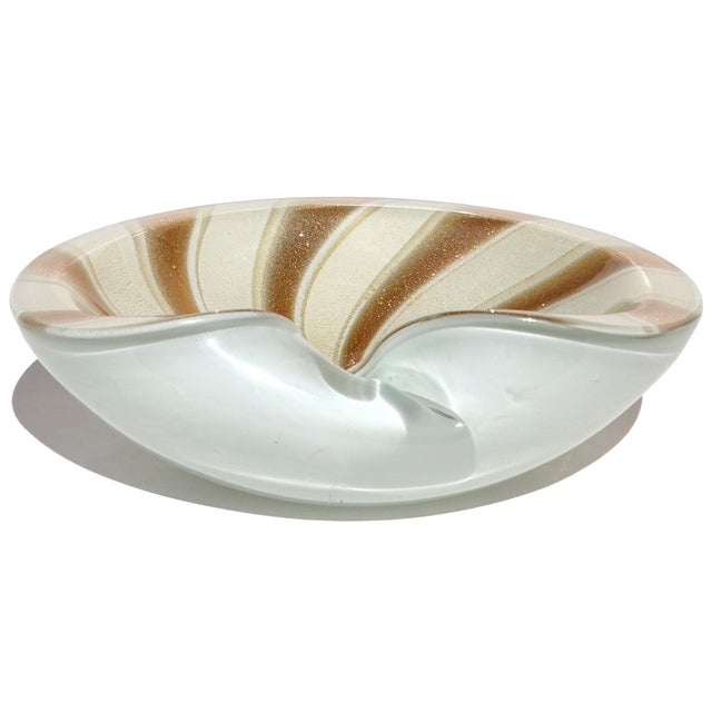 Murano Barbini Vintage White Gold Flecks Copper Aventurine Stripes Italian Art Glass Decorative Bowl For Sale In Orlando - Image 6 of 8
