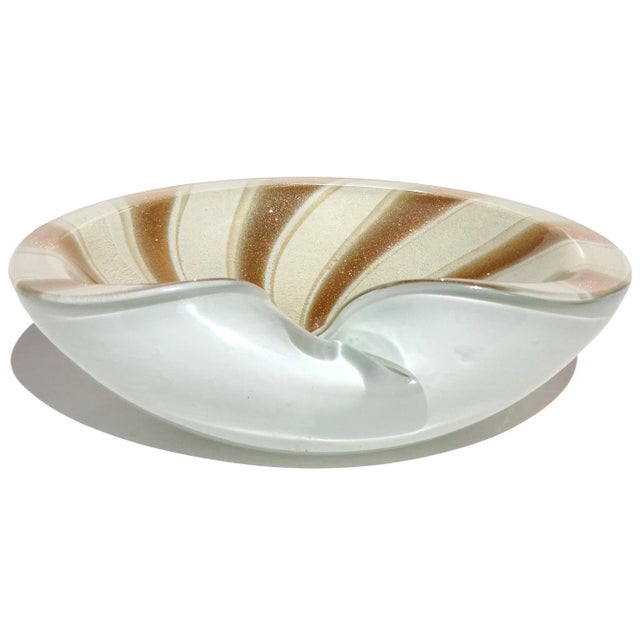 Vintage Barbini Murano White Gold Flecks Copper Aventurine Stripes Italian Art Glass Decorative Bowl For Sale In Orlando - Image 6 of 8