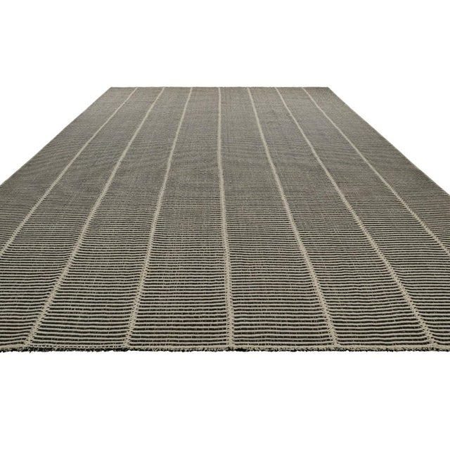 2010s Rug & Kilim's Oversized Contemporary Kilim With Textural Beige and Black Stripes For Sale - Image 5 of 7