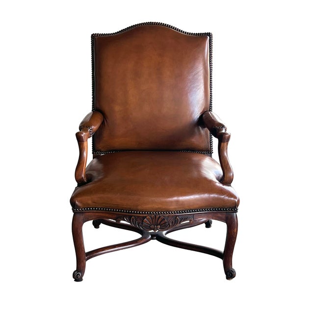 Wood Pair Large French Regence Style Beechwood Leather Arm Chairs/Fauteuils For Sale - Image 7 of 10