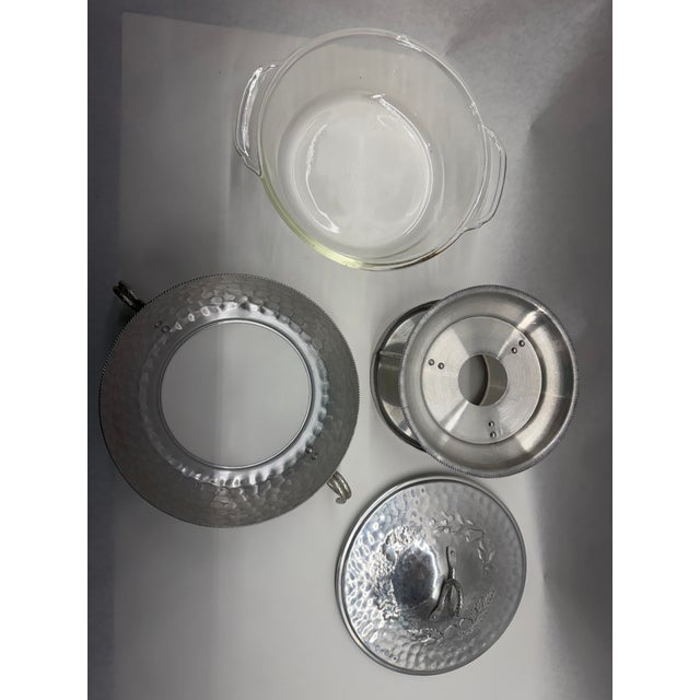 Mid-Century Modern Vintage Mid-Century Hammered Aluminum Casserole Serving Dish With Stand and Glass Insert For Sale - Image 3 of 7