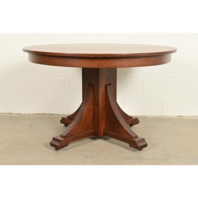Brown Stickley Brothers Antique Mission Oak Arts & Crafts Pedestal Extension Dining Table, Newly Refinished For Sale - Image 8 of 10