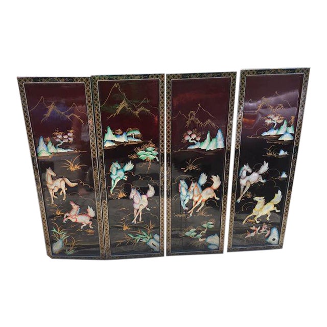 Vintage Oriental Mother Of Pearl Relief Horses Black Lacquer Wall Art Screens Set Of 4 Chairish