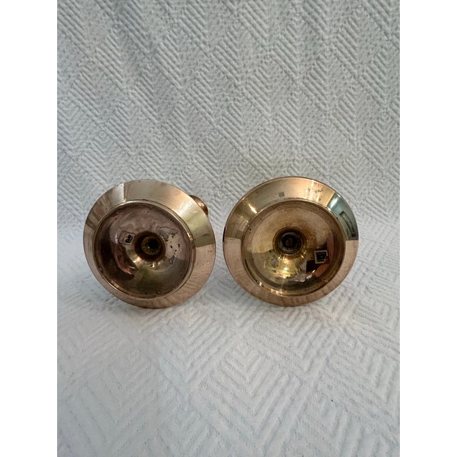 Brass Vintage Pair of Mahogany and Brass Candle Stick Holders For Sale - Image 8 of 9