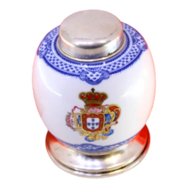 Porcelain Pot with Lid and Silver Base For Sale