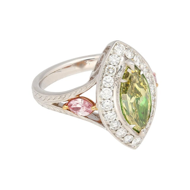 Gia Certified 1.92 Carat Brownish Greenish Yellow Marquise Cut Diamond Ring Size 5.75 For Sale - Image 4 of 7