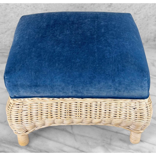 Vintage 70s Coastal Natural Wicker Blue Suede Footstool Ottoman For Sale - Image 6 of 10