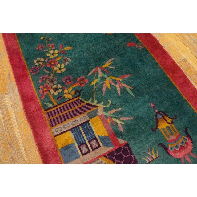 1920s Green Garden Landscape Antique Chinese Art Deco Carpet 2' 6'' X 4' 5'' Knotted Wool Rug For Sale - Image 4 of 10