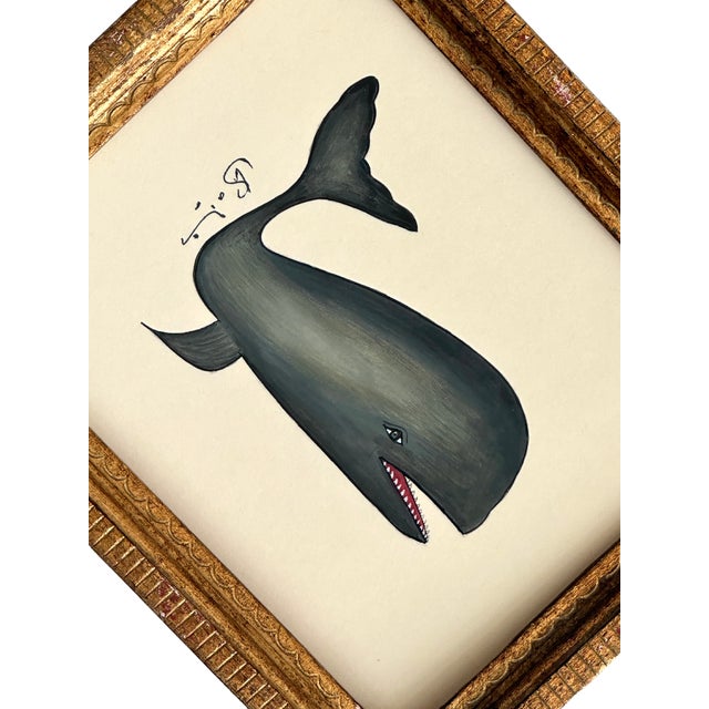 Original Hand-Painted Whimsical Baby Whale Painting in a Vintage Italian Gold Frame For Sale - Image 4 of 4