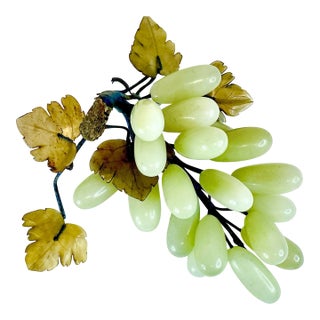 Mid-Century Hollywood Regency Jade Grape Cluster, Decorative Object, Tan Leaves and Navy Wire Stems For Sale