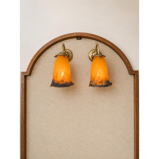Vintage Art Deco Brass Wall Sconces with Signed Glass Shades by Muller Frères, France, 1920s, Set of 2 For Sale - Image 3 of 7