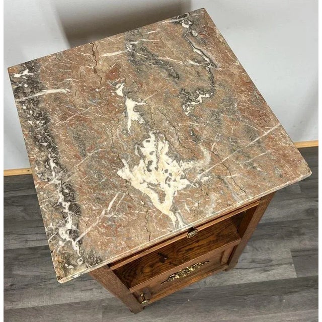 Antique French Oak Bedside Tables with Marble Tops, Set of 2 For Sale - Image 10 of 11