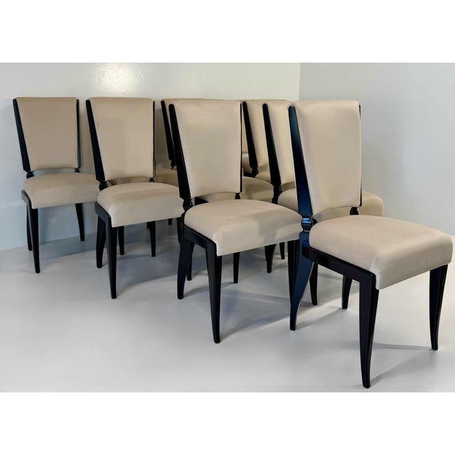 Vintage French Dining Chairs in Black Lacquer and Beige Velvet, 1980s, Set of 10 For Sale - Image 4 of 11