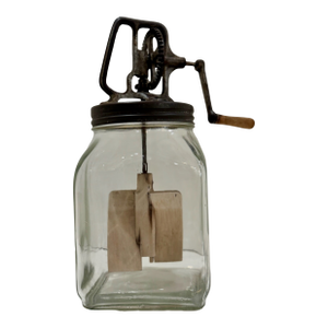 Antique Glass Butter Churn With Hand Crank and Wood Paddles – Early 1900s Farmhouse Primitive 14”