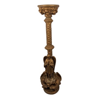 Monumental Gothic Revival Angel Pedestal Candleholder With Mythological Dragon Base For Sale
