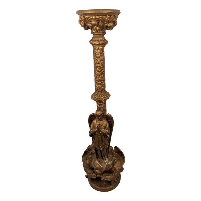 Monumental Gothic Revival Angel Pedestal Candleholder With Mythological Dragon Base For Sale