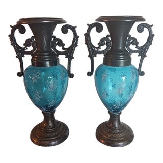 Rare Pair Antique WMF Art Nouveau Blue Glass Vases Silverplate Metalwork c.1900 For Sale
