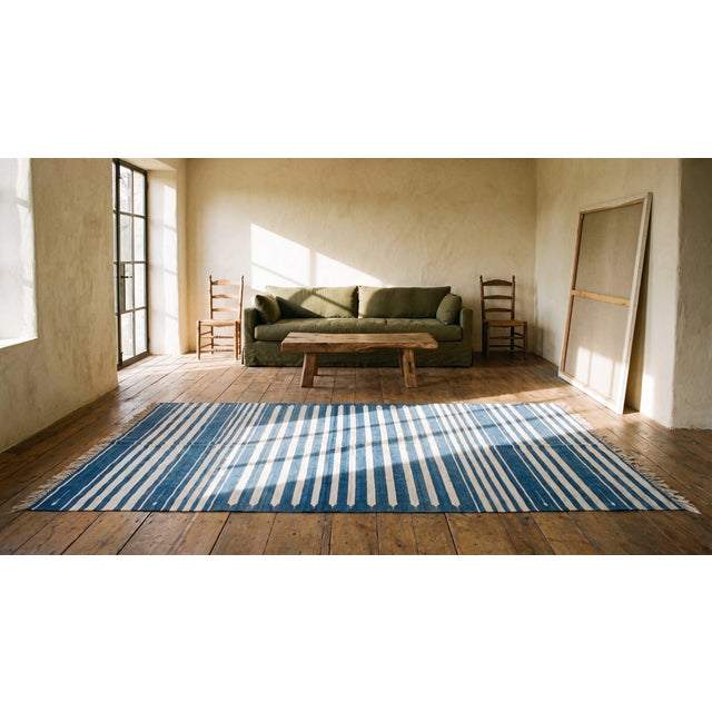 Blue 1930s Blue White Stripe Antique Indian Dhurrie Rug 7'9"x15'8" Flatweave Cotton Carpet For Sale - Image 8 of 9