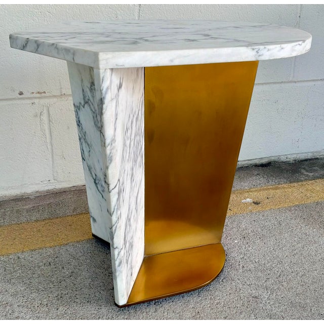Jonathan Charles Jonathan Charles Modern Carrara Marble and Brass Fusion Accent Table For Sale - Image 4 of 7