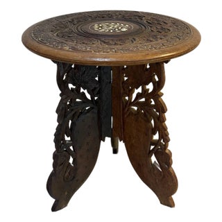 Carved Wood Indonesian Style Inlaid Folding Side Table For Sale