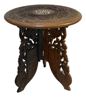 Carved Wood Indonesian Style Inlaid Folding Side Table