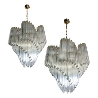 Italian Quadriedri Gold Metal Frame Murano Chandeliers, Set of 2 For Sale