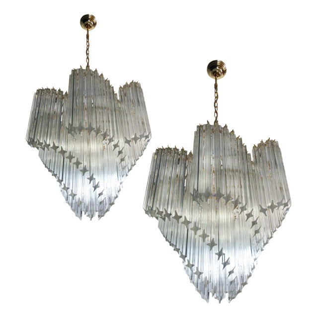 Italian Quadriedri Gold Metal Frame Murano Chandeliers, Set of 2 For Sale