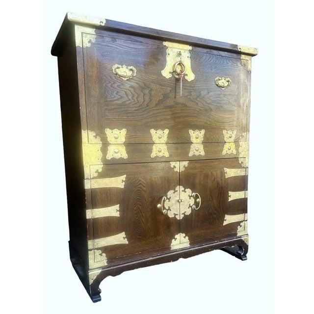 Asian Antique Korean Elmwood and Brass Campaign Style Secretary Desk - Vintage Late 20th Century For Sale - Image 3 of 9