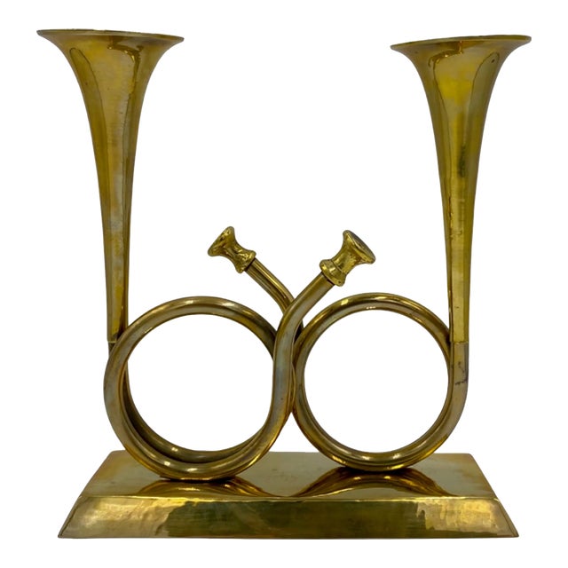 Vintage Single Gold Brass Horn Double Candle Holder Christmas Holiday Decor For Sale