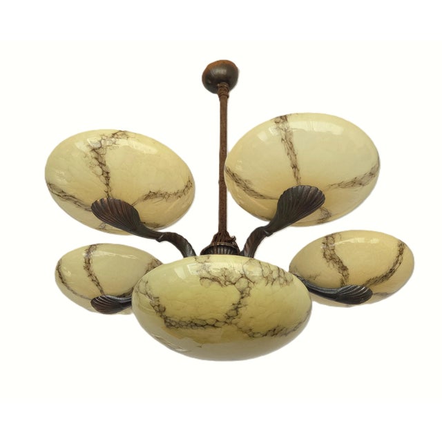 1930s 1930s 5-Arm Art Deco Chandelier Marbled Glass Shades Brass Accents, Antique European Lamp For Sale - Image 5 of 16