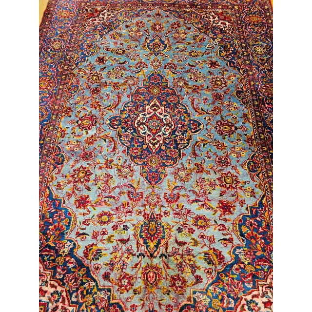 Art Deco Early 20th Century Persian Kashan Rug, Hand-Knotted Wool, Floral Pattern, Turquoise & Red,6x9 For Sale - Image 3 of 18