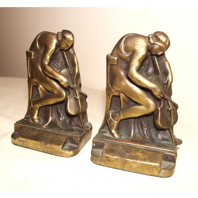 Figurative Pair of Antique 1800s Figural Pompeian Bronze Clad Cellist Cello Player Bookends For Sale - Image 3 of 10