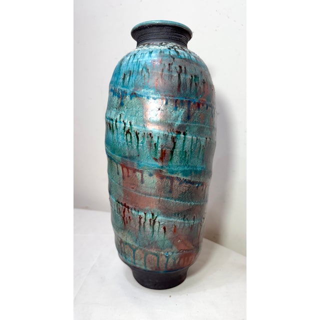 Brutalist Vintage Large Tall Signed Tom Neugebauer Blue Green Raku Blackware Pottery Vase For Sale - Image 3 of 13